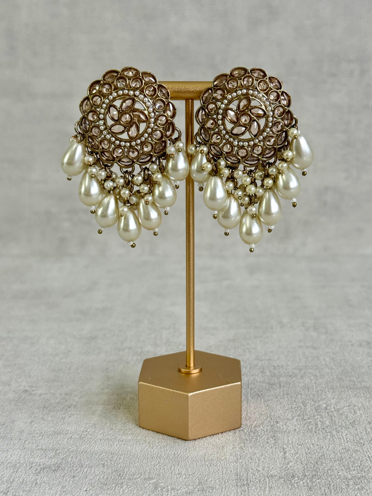 Ayura Designs Aynoor Petal Frame Earrings – Antique Gold Finish with Mirror-Cut Stones & Pearl Drops