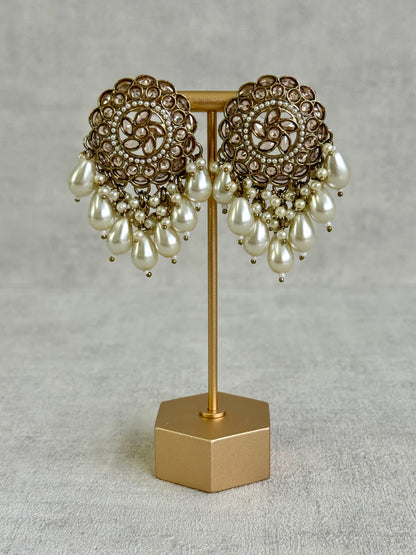 Ayura Designs Aynoor Petal Frame Earrings – Antique Gold Finish with Mirror-Cut Stones & Pearl Drops