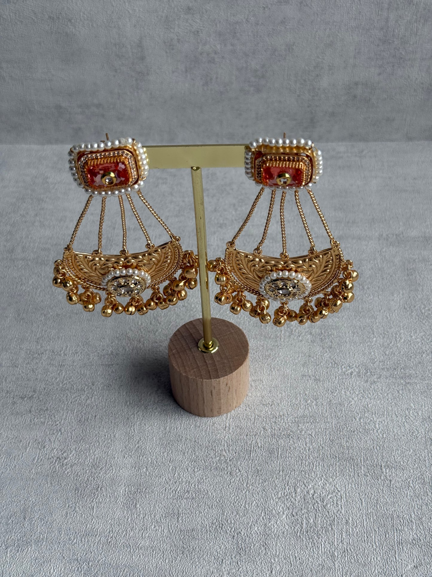 Ayura Designs Jheel Earrings – Amber Half-Moon Drops with Pearl Edging & Golden Ghungroos