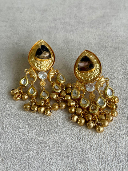 Ayura Designs Arheer Earrings – Onyx & Bronze Marble with Kundan Detailing & Antique Gold Ghungroos