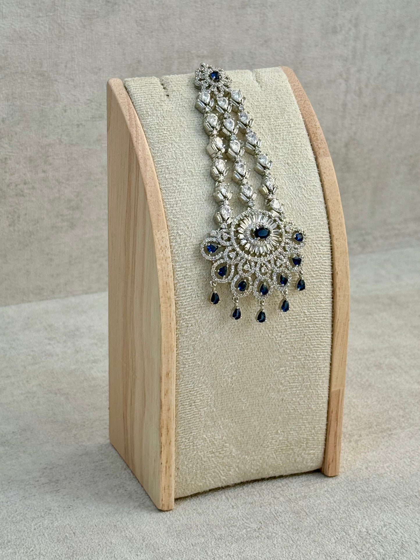 Ayura Designs Anna Jhoomar Passa – Silver Finish with Sapphire Blue Stones & Crystal Detailing