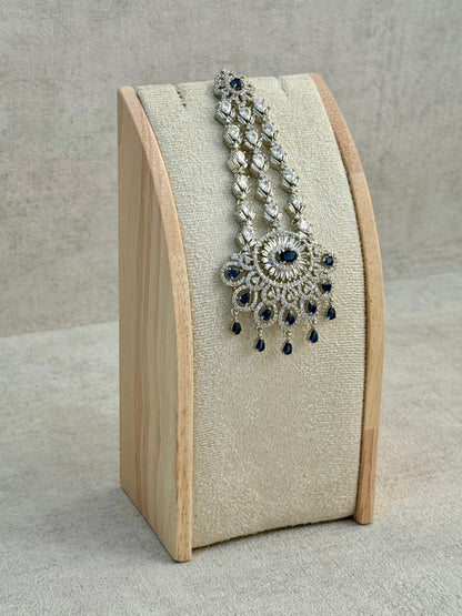 Ayura Designs Anna Jhoomar Passa – Silver Finish with Sapphire Blue Stones & Crystal Detailing