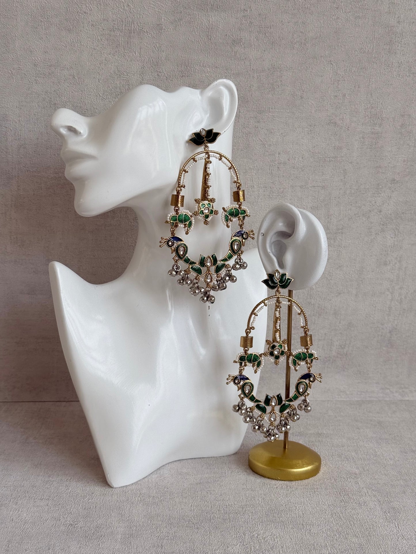 Ayura Designs Zoonpari Earrings – Emerald Green & Blue Meenakari Peacock Chandeliers in Dual Tone with Ghungroos