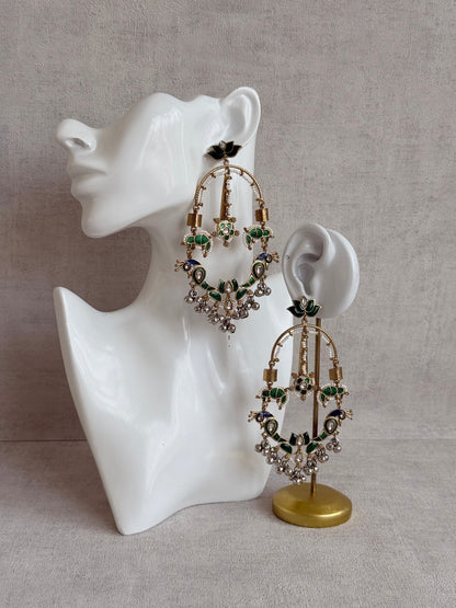 Ayura Designs Zoonpari Earrings – Emerald Green & Blue Meenakari Peacock Chandeliers in Dual Tone with Ghungroos
