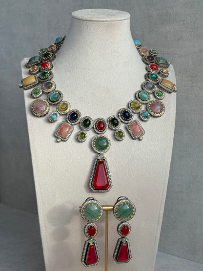 Ayura Designs Ophelia Set with Necklace & Earrings – Navratan Stone Detailing with Antique Silver Finish