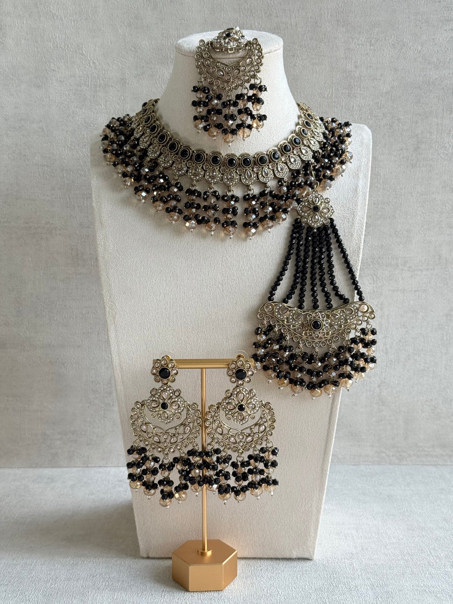 Ayura Designs Dilnaz Necklace Set with Earrings, Tikka & Passa – Black & Champagne Crystal Beads & Antique Gold Finish