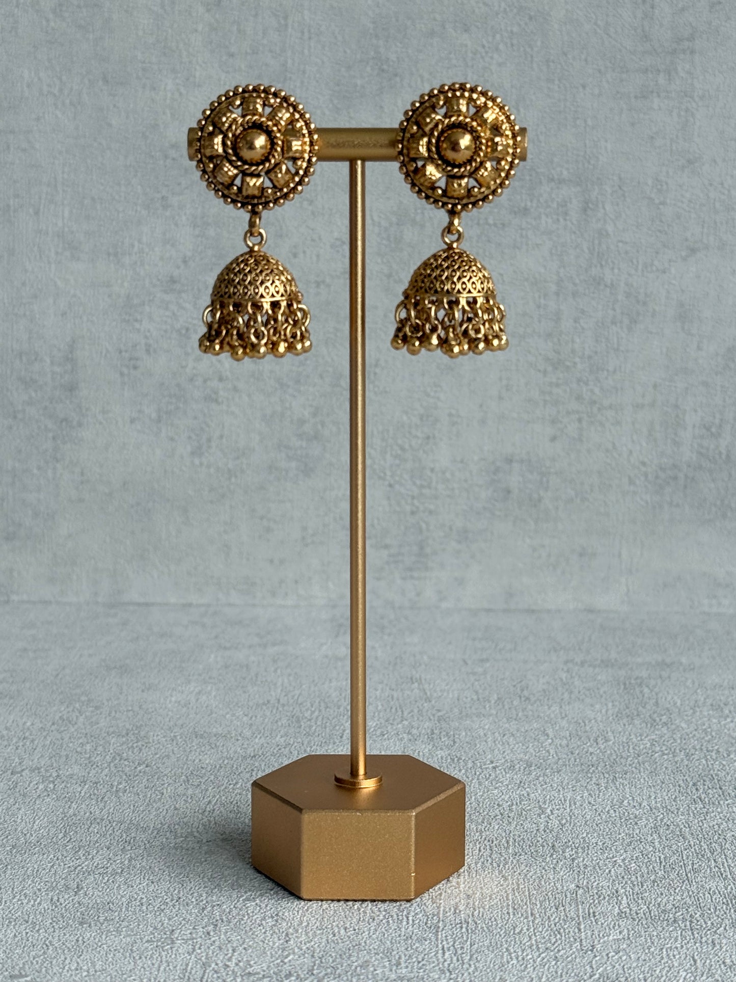 Ayura Designs Iksirat Necklace Set with Jhumkis & Tikka – Gold Heritage Design with Ghungroo Detailing
