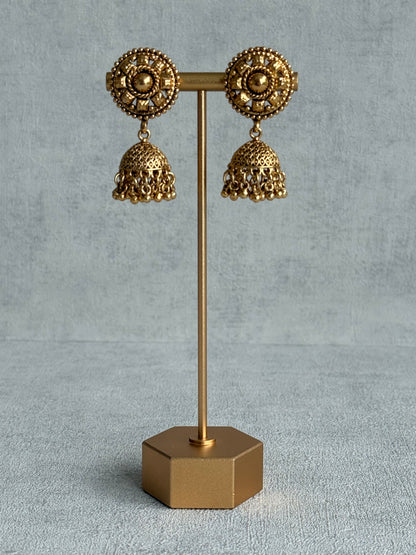 Ayura Designs Iksirat Necklace Set with Jhumkis & Tikka – Gold Heritage Design with Ghungroo Detailing