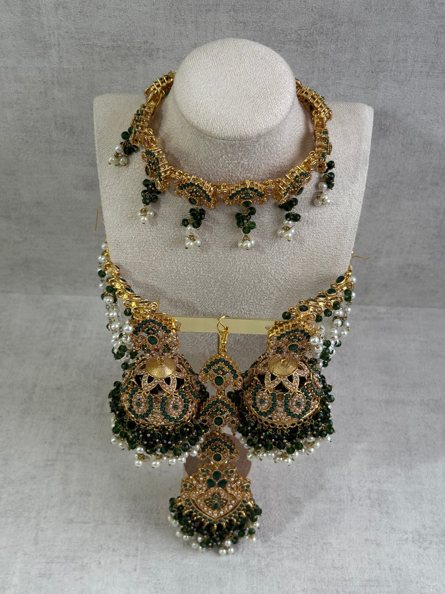Ayura Designs Noor Set – Choker, Jhumkis with Sahare & Tikka in Emerald Green with Pearl Detailing