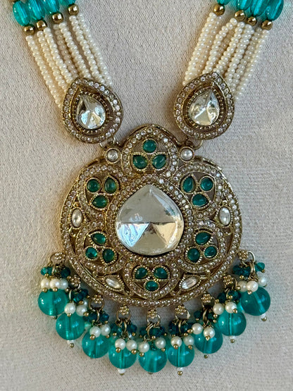 Ayura Designs Brielle Set – Necklace & Jhumkis with Mirror-Cut Stones, Aqua & Deep Teal Beads