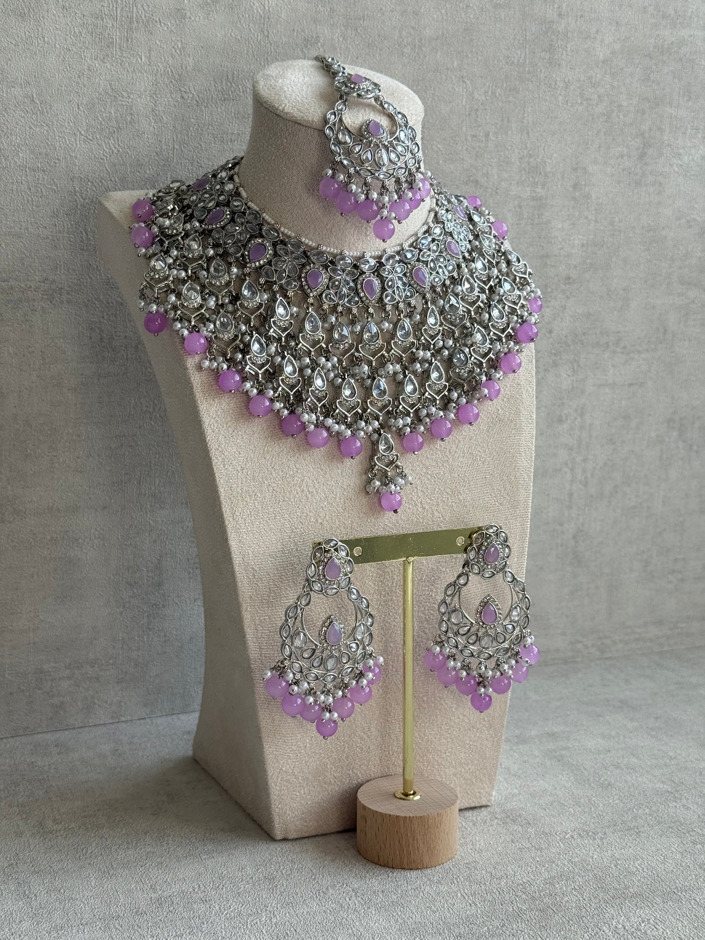 Ayura Designs Eknoor Set – Necklace, Tikka & Earrings with Lavender Beads, Pearls and Silver Finish