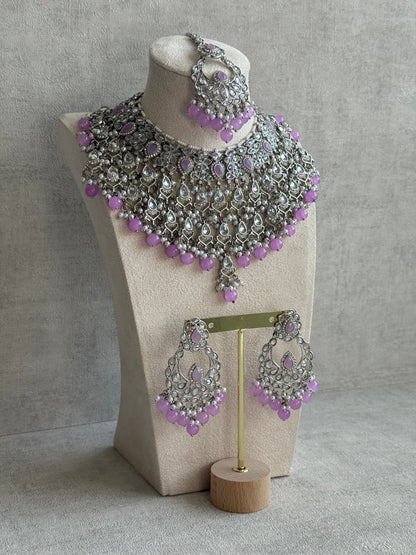 Ayura Designs Eknoor Set – Necklace, Tikka & Earrings with Lavender Beads, Pearls and Silver Finish