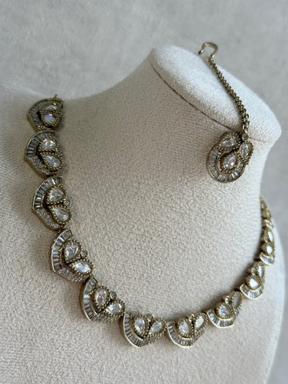 Ayura Designs Katalina Necklace Set with Earrings & Tikka – Crystal Detailing & Antique Gold Finish