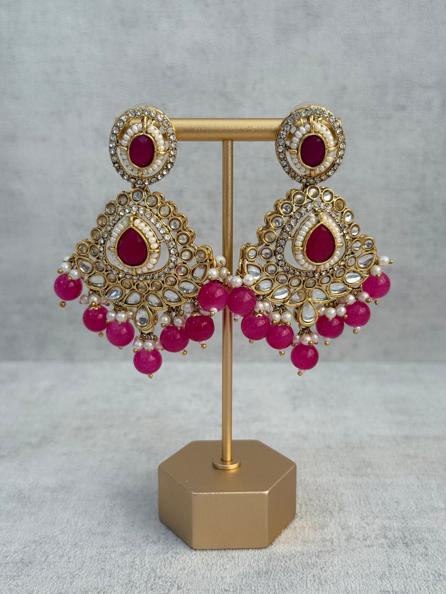 Ayura Designs Janvi Set with Necklace, Earrings & Tikka – Kundan Detailing, Hot Pink Beads & Ivory Pearl Drops