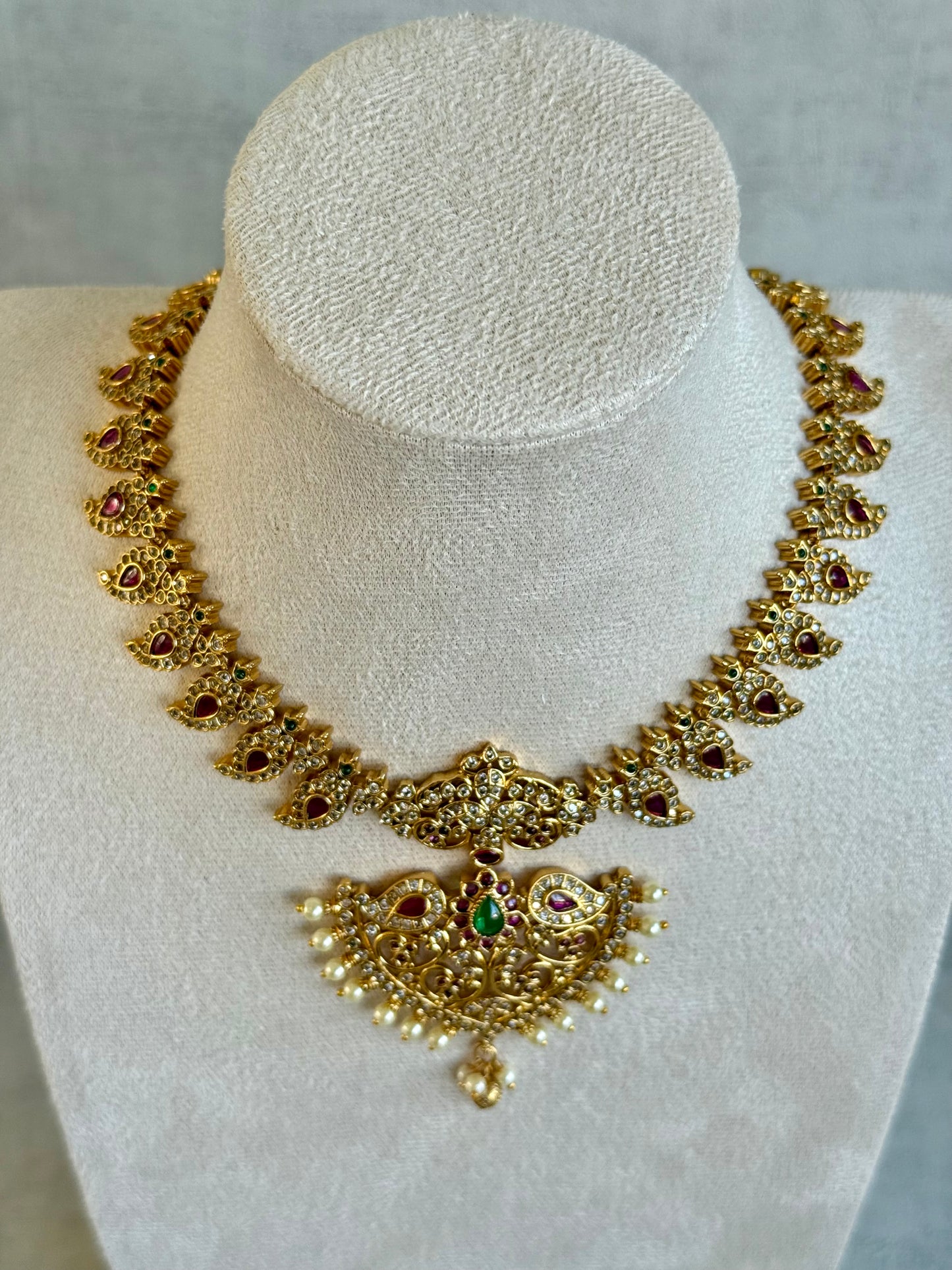 Ayura Designs Joya Set with Necklace, Earrings & Tikka – Kundan Detailing, Pink & Green Stones with Pearl Drops