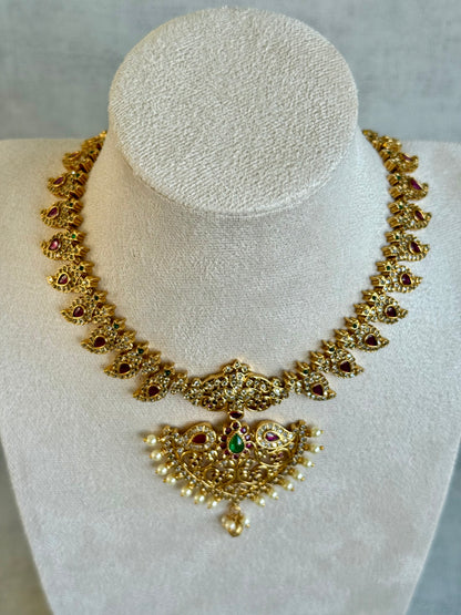 Ayura Designs Joya Set with Necklace, Earrings & Tikka – Kundan Detailing, Pink & Green Stones with Pearl Drops