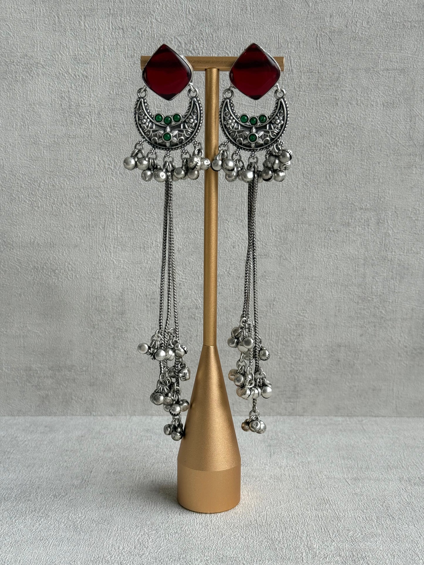 Ayura Designs Zarfa Earrings – Oxidised Earrings with Ruby Red Stones, Hanging Ghungroo Chains & Crescent Detailing