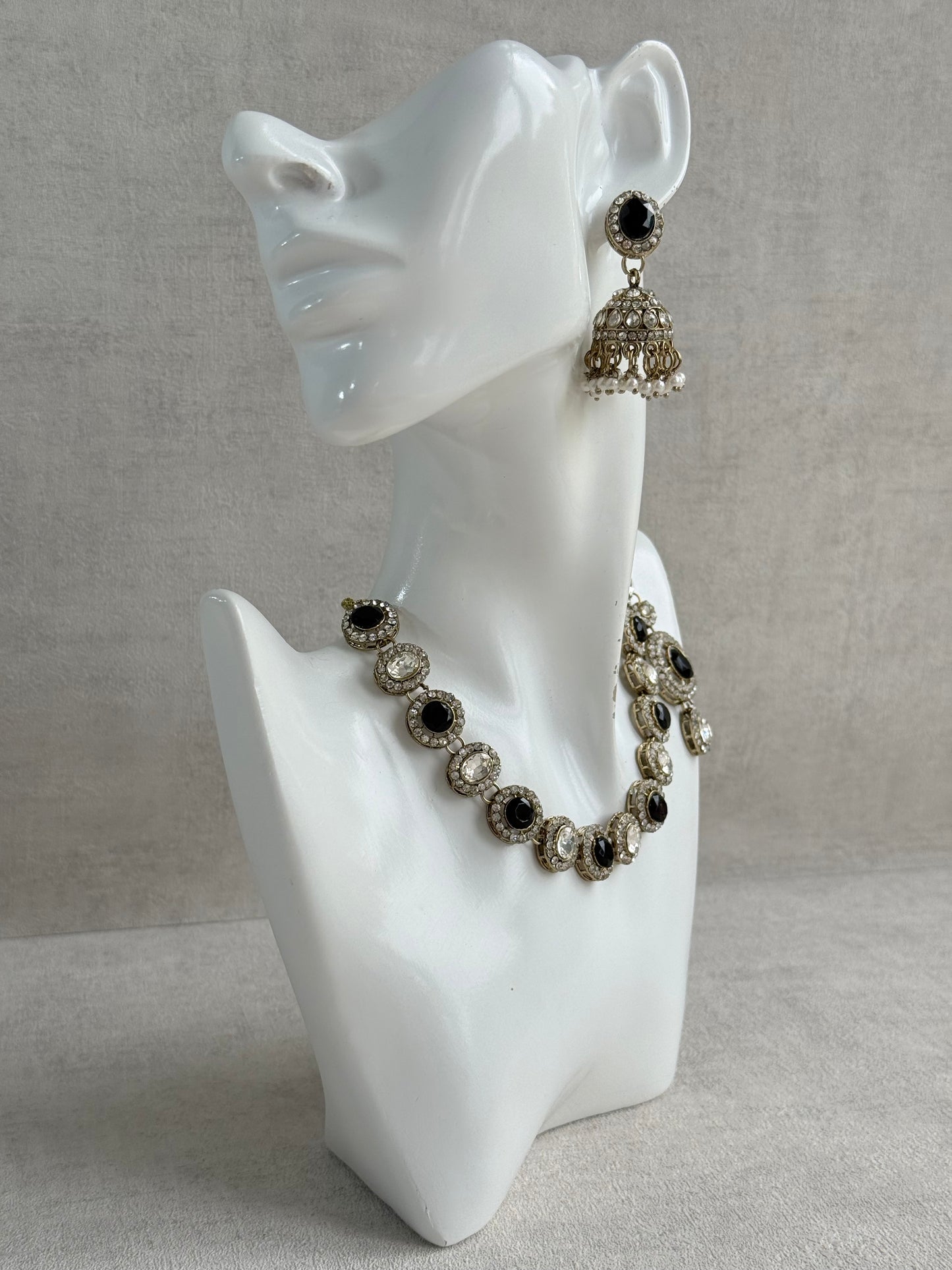 Ayura Designs Eira Necklace Set with Earrings & Tikka – Black & Crystal Stones with Antique Gold Finish