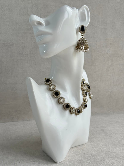 Ayura Designs Eira Necklace Set with Earrings & Tikka – Black & Crystal Stones with Antique Gold Finish