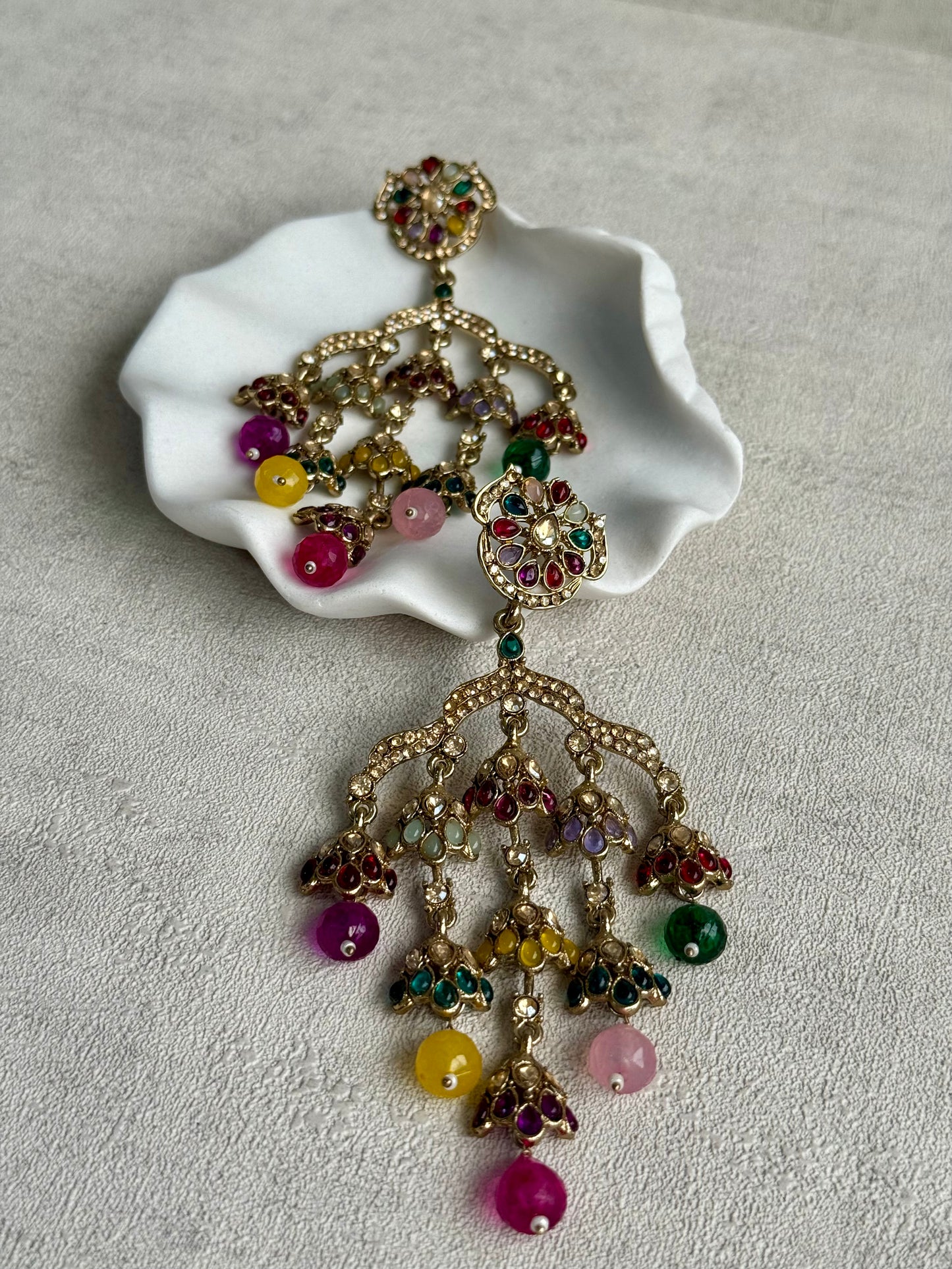 Ayura Designs Jasmine Earrings – Chandelier Earrings with Multicolour Beads & Antique Gold Detailing