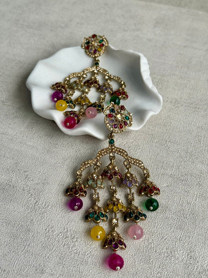 Ayura Designs Jasmine Earrings – Chandelier Earrings with Multicolour Beads & Antique Gold Detailing