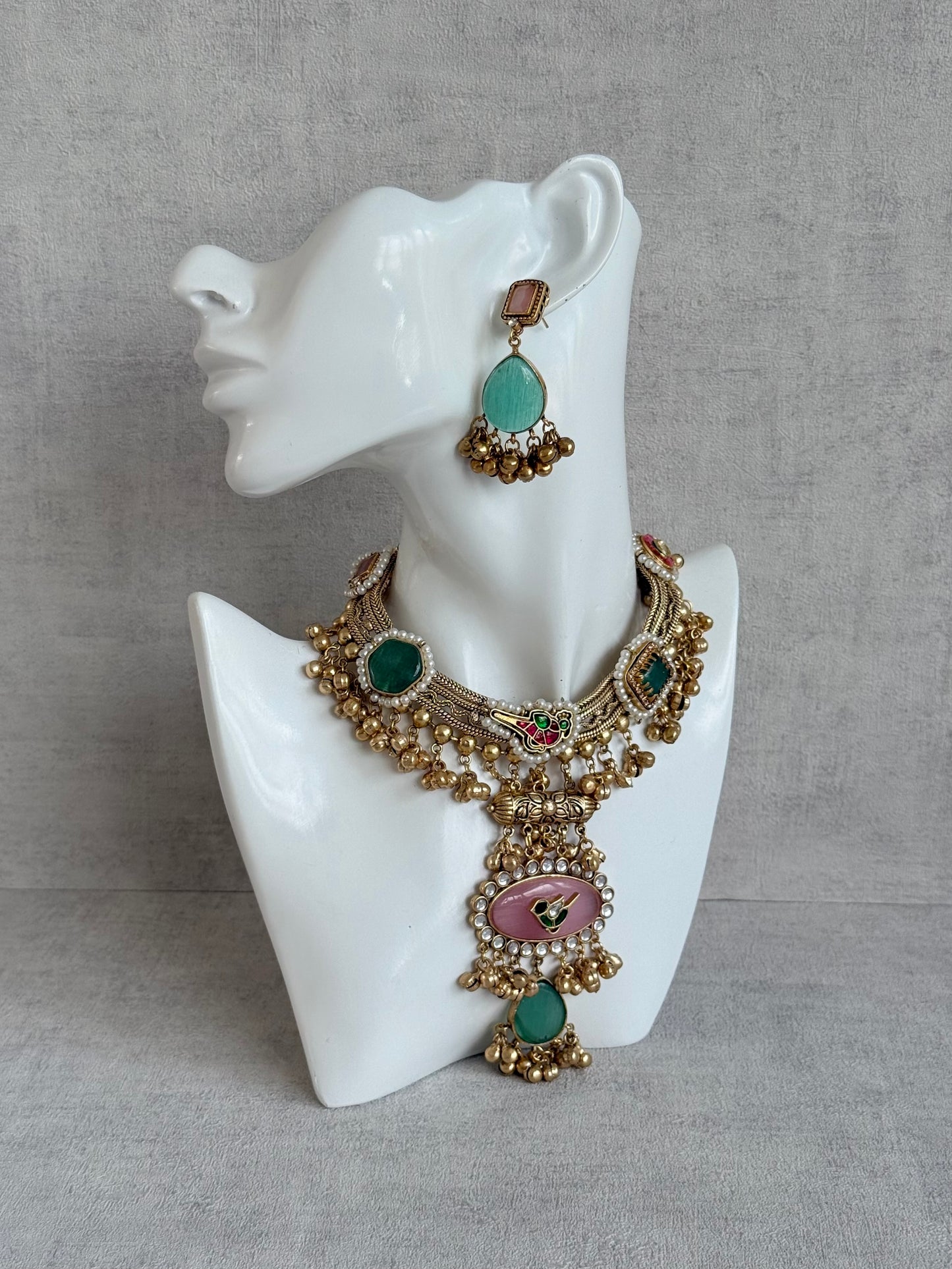Ayura Designs Ahista Necklace Set with Earrings – Statement Pendant Necklace with Pink & Aqua Green Cat Eye Stones, Pearl Detailing & Ghungroo Accents