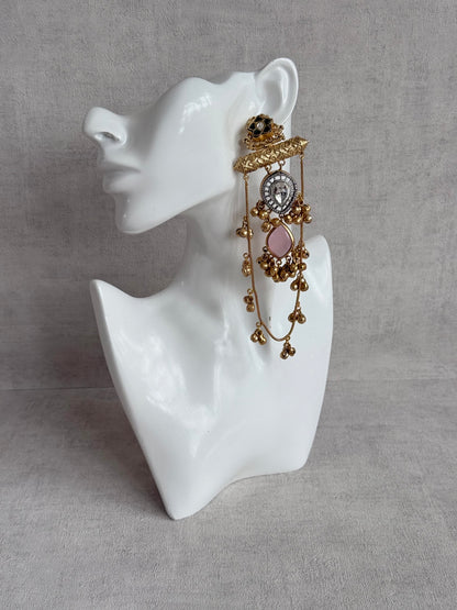 Ayura Designs Rouf Earrings – Kashmiri Earrings with Blush Pink Stone, Crystal Detailing & Ghungroo Accents
