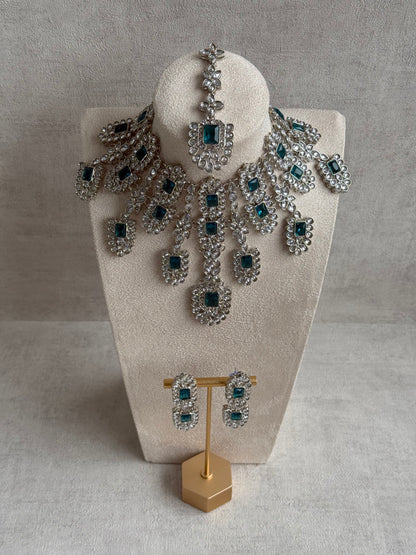 Ayura Designs Zinnia Set – Necklace, Earrings & Tikka with Teal Stones and Mirror-Cut Polki in Silver Finish