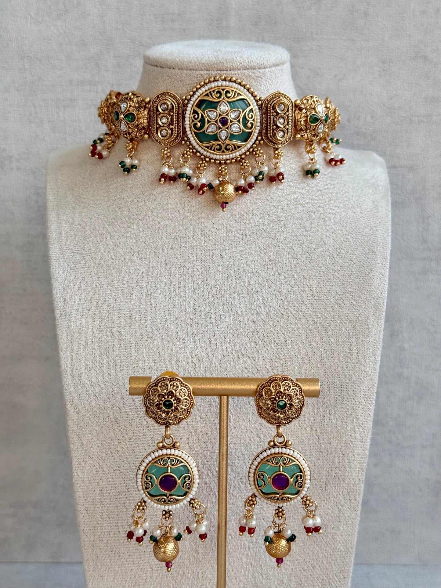 Ayura Designs Haya Choker Set with Stud Earrings – Emerald Enamel with Rani Pink Stones and Pearl Drop Detailing