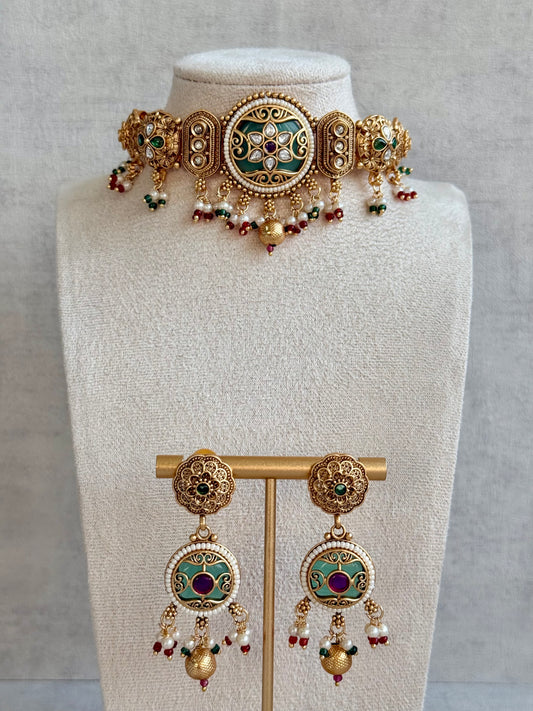 Ayura Designs Haya Choker Set with Stud Earrings – Emerald Enamel with Rani Pink Stones and Pearl Drop Detailing