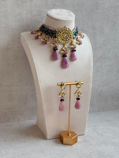 Ayura Designs Rabeeya Kundan Choker Set with Earrings – Blush Pink & Emerald Green Bead Detailing