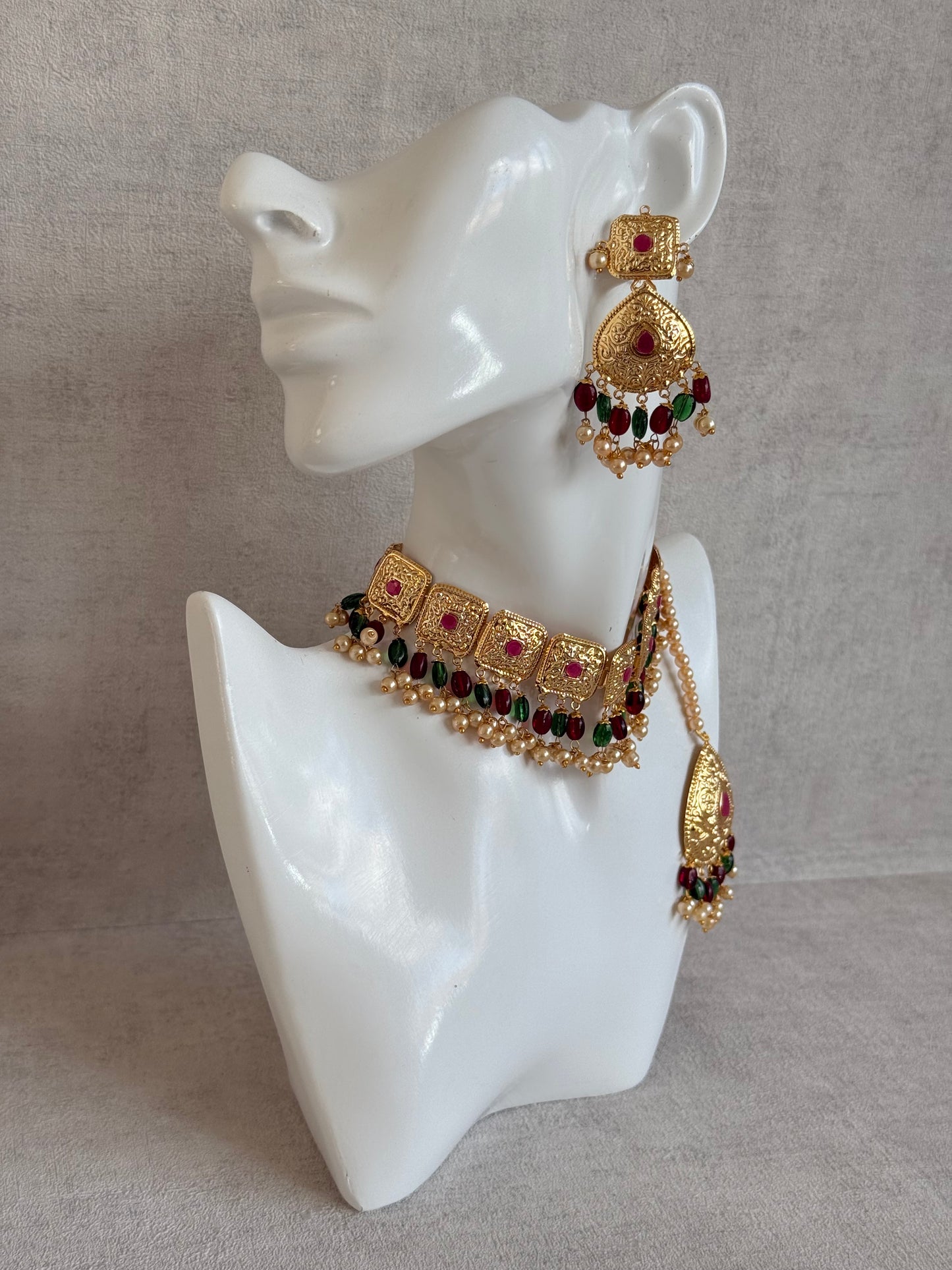 Ayura Designs Chetna Choker Set with Earrings & Tikka – Maroon & Emerald Green Beads, Cream Pearl Drops with Pipal Patti Detailing
