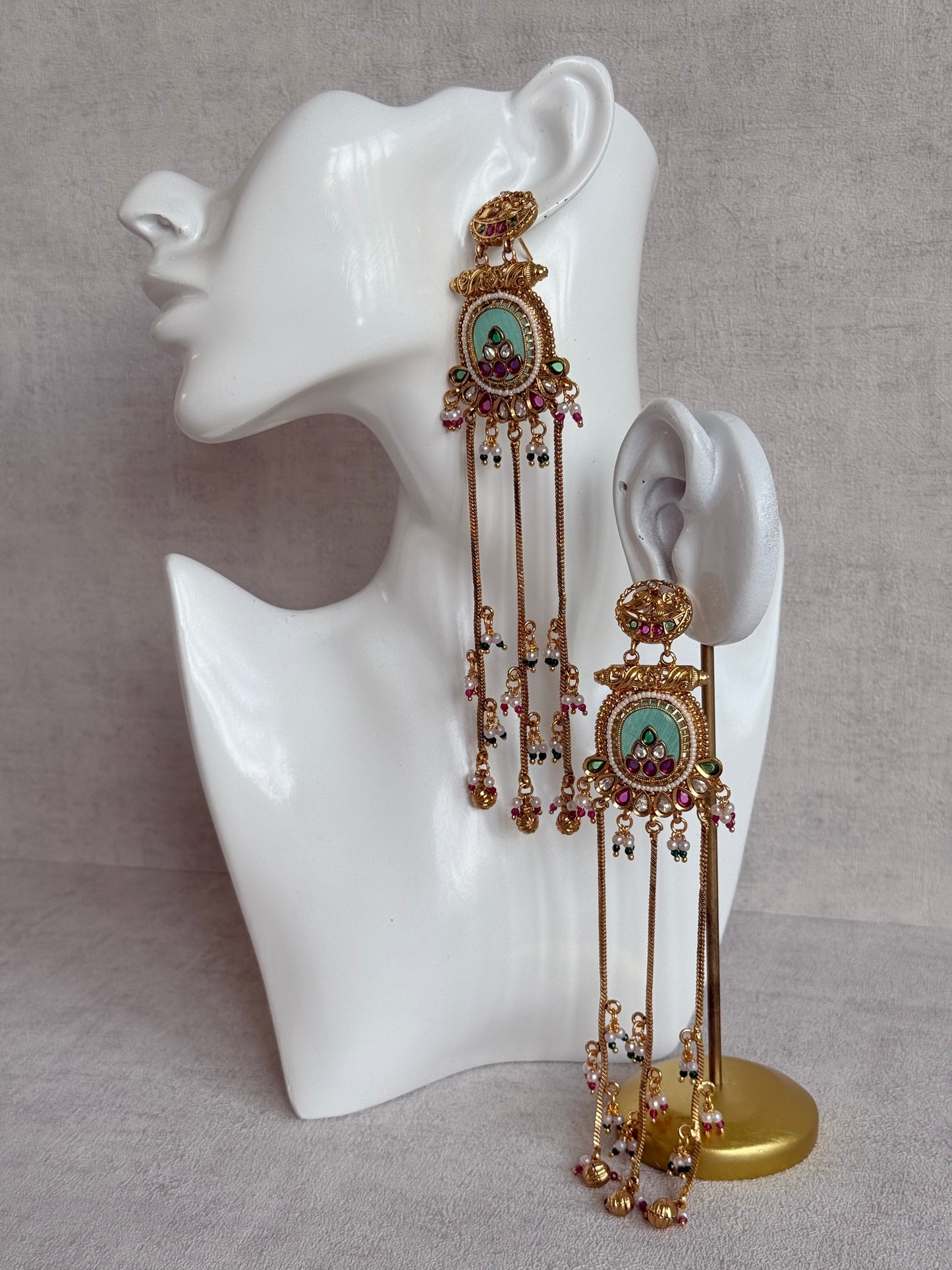 Ayura Designs Kaveri Earrings – Gold Long Chain Drop Earrings with Kundan, Pearls & Ghungroo Detailing – Mint Green