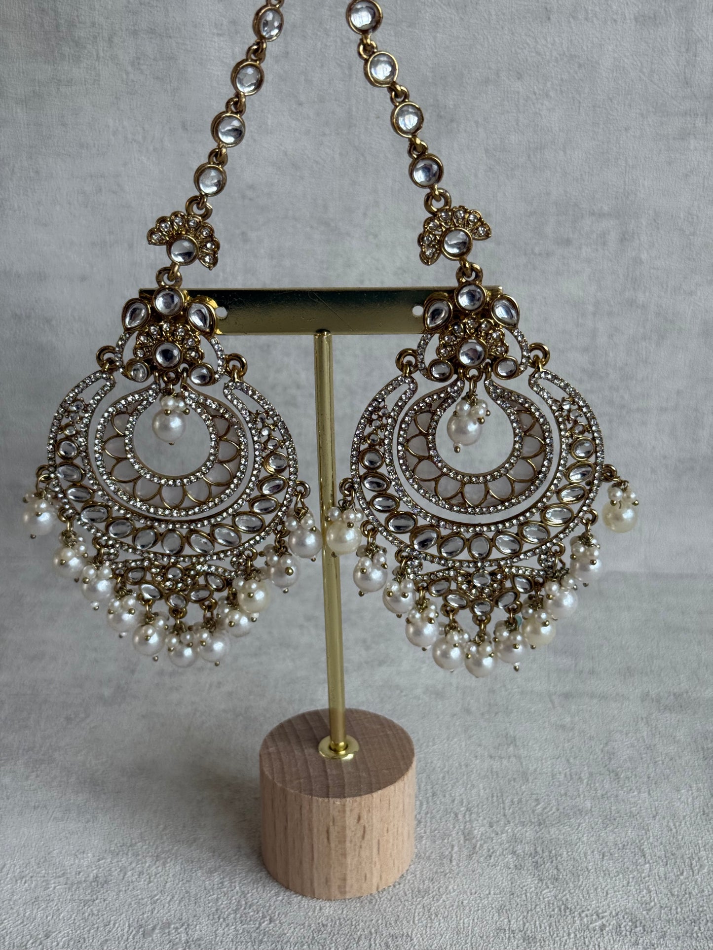 Ayura Designs Rabia Chandbalis – Antique Gold Kundan Earrings with Ivory Pearls & Attached Sahare