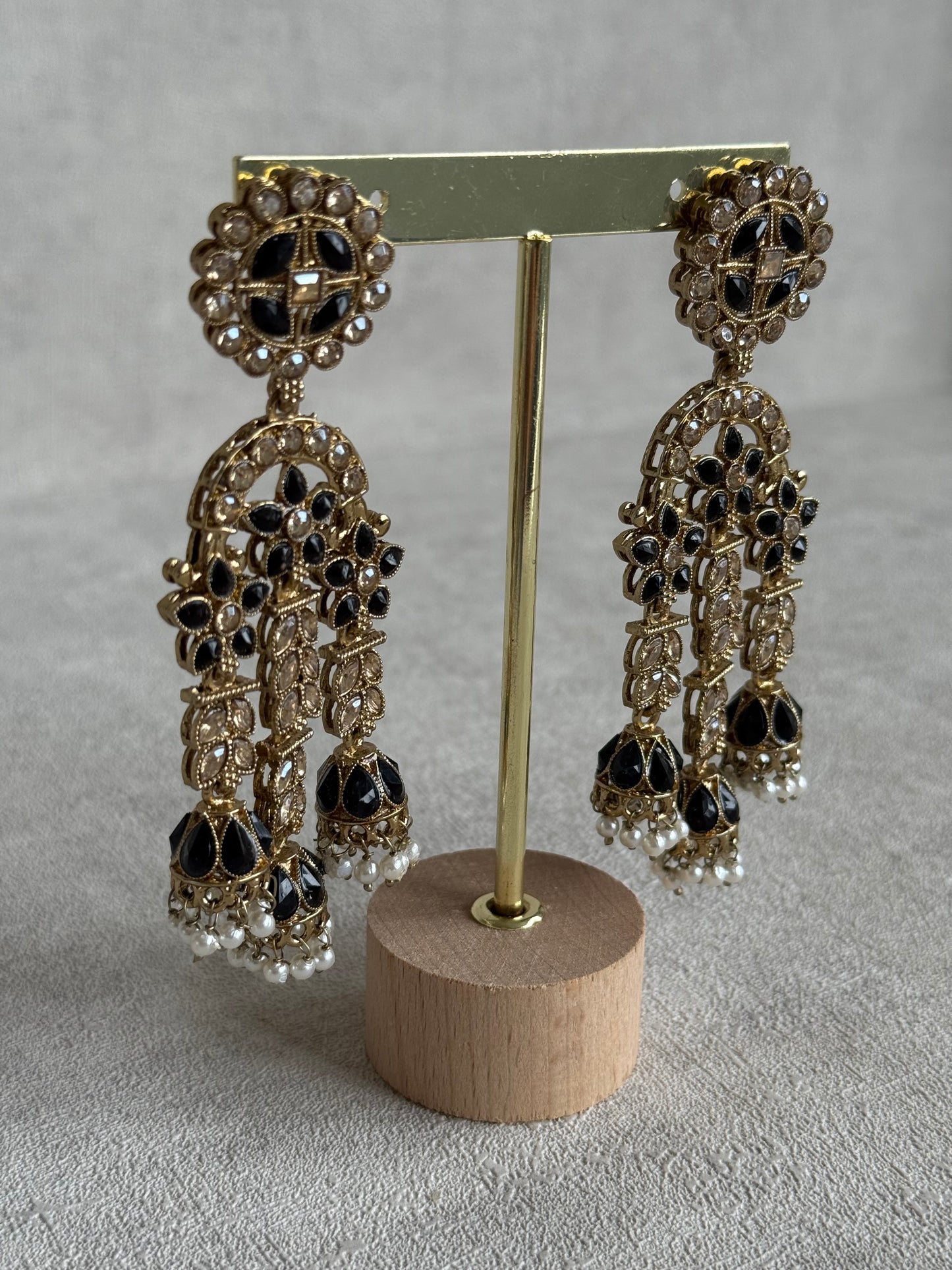 Ayura Designs Soraya Earrings – Black Stones, Champagne Crystals, Pearl Detailing & Gold Finish