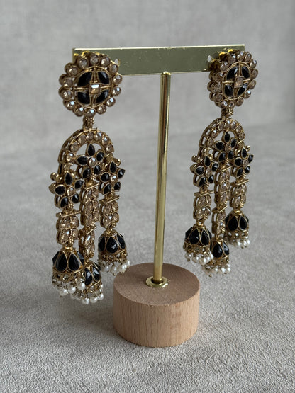 Ayura Designs Soraya Earrings – Black Stones, Champagne Crystals, Pearl Detailing & Gold Finish