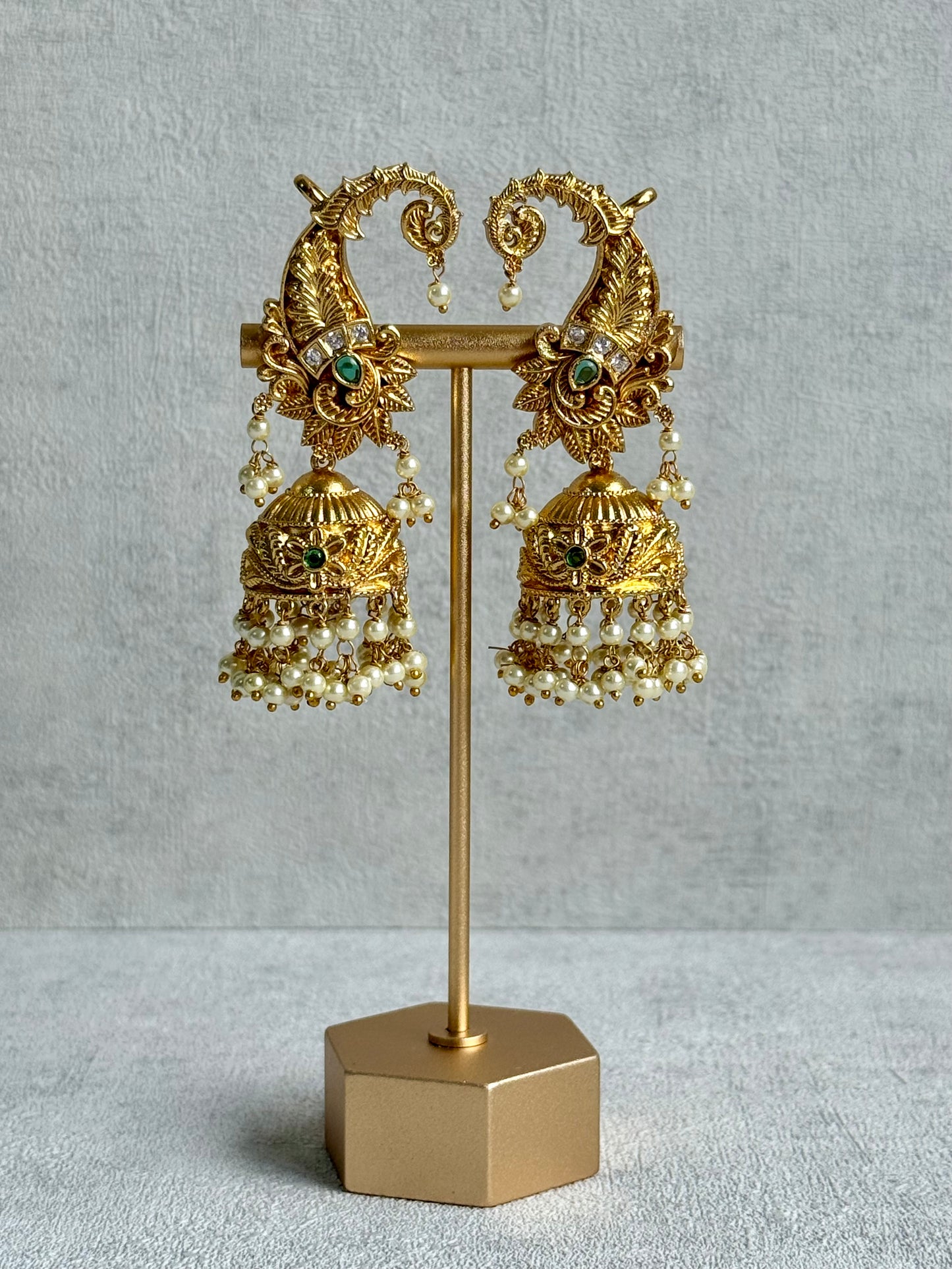Ayura Designs Anika Jhumkis – Gold Half Ear Cuffs with Peacock Motif, Green Stone Accents, Kundan Crystals & Pearl Jhumka Drops