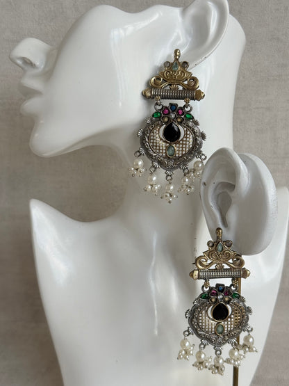 Ayura Designs Taali Earrings – Dual Tone Oxidised Statement Earrings with Multicolour Stones & Pearl Clusters
