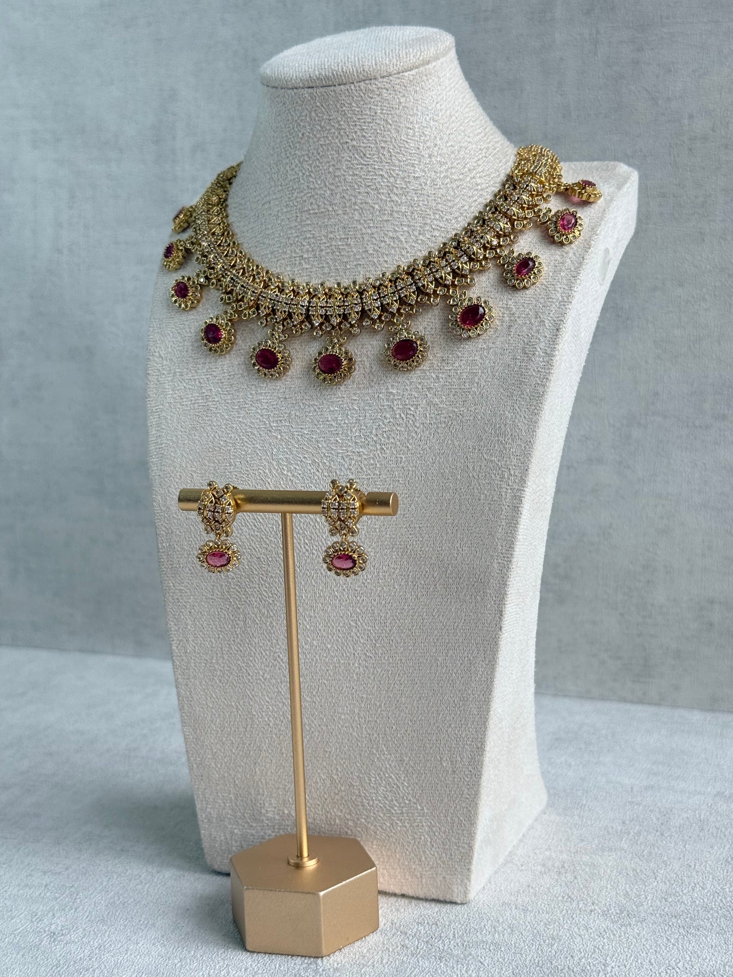 Ayura Designs Elisha Necklace Set with Earrings – Rani Pink & Crystal Stone Detailing