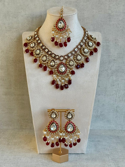 Ayura Designs Ishyat Set with Necklace, Earrings & Tikka – Kundan Detailing, Ruby Red Drops & Ivory Pearls