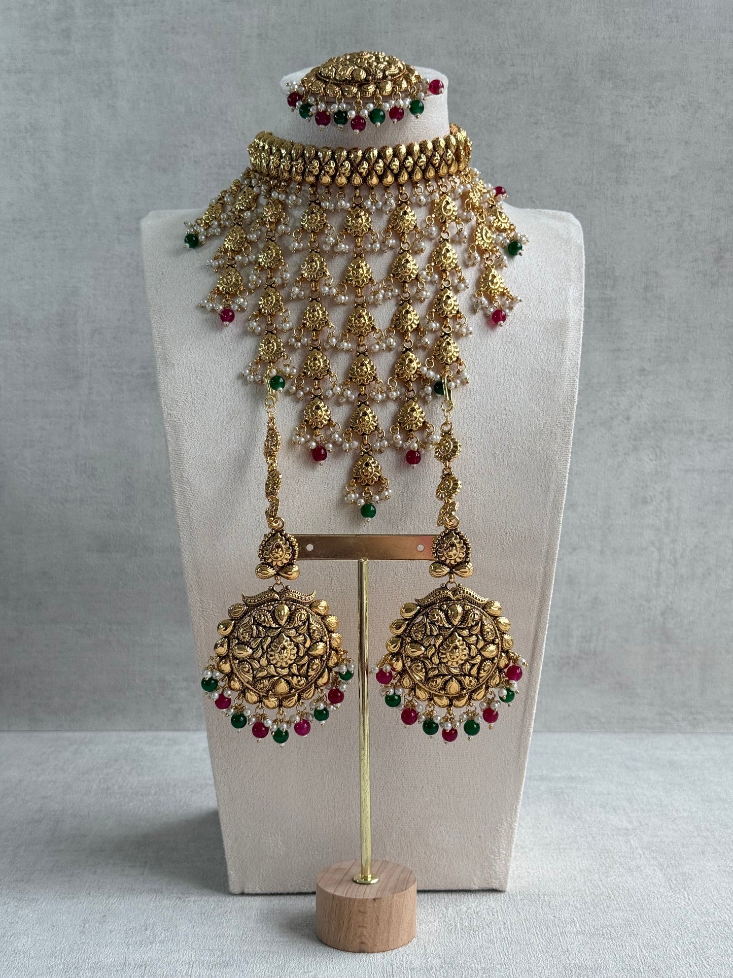 Ayura Designs Karima Choker Set with Sahare Earrings & Tikka – Waterfall Design, Rani Pink & Green Beads, Pearls & Antique Gold Finish