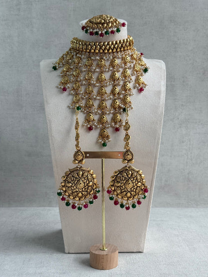 Ayura Designs Karima Choker Set with Sahare Earrings & Tikka – Waterfall Design, Rani Pink & Green Beads, Pearls & Antique Gold Finish