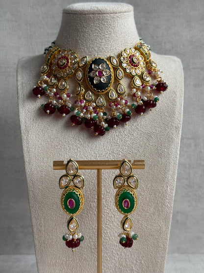 Ayura Designs Kavia Set – Necklace & Earrings with Kundan Stones, Green Enamel, Ruby & Emerald Beads, and Pearl Detailing