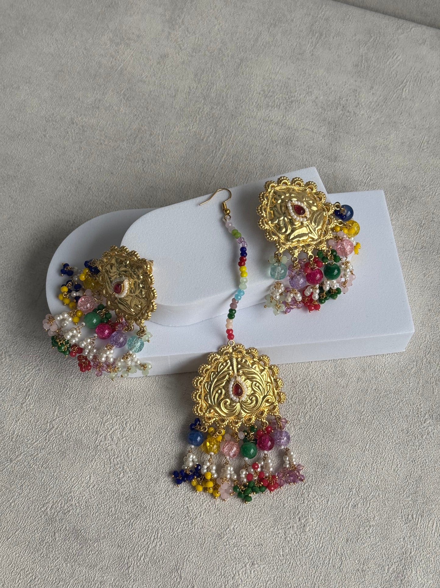 Ayura Designs Rangoli Tikka Set with Earrings – Antique Gold Finish, Multicolour Beads & Pearl Detailing
