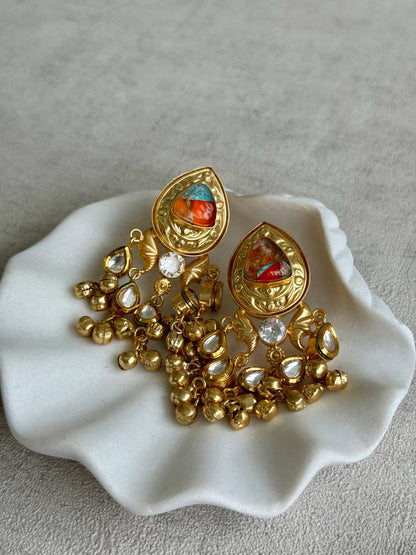 Ayura Designs Arheer Earrings – Orange & Turquoise Marble with Kundan Detailing & Antique Gold Ghungroos