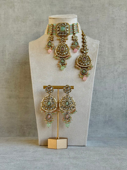 Ayura Designs Zarmeen Choker Set with Earrings & Tikka – Mirror-Cut Stones, Antique Gold Finish and Blush-Mint Beads