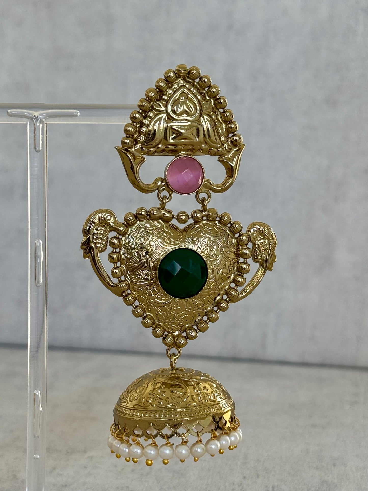 Ayura Designs Dil Earrings – Gold Brass Earrings with Green & Pink Stone Accents and Pearl Jhumka Detailing