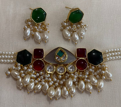 Ayura Designs Vahida Choker Set with Earrings – Multicolour Stone Choker with Pearl Drops & Kundan Detailing
