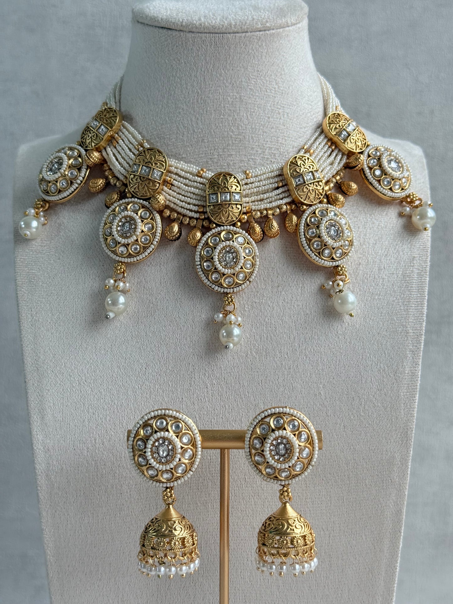 Ayura Designs Kesar Necklace Set with Jhumkis – Multi-Strand Ivory Pearl Design, Kundan Stones & Gold Finish