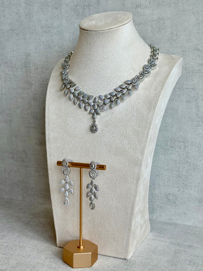 Ayura Designs Vivienne Set with Necklace & Earrings – Silver Finish with Teardrop Crystals and Clustered Leaf Detailing
